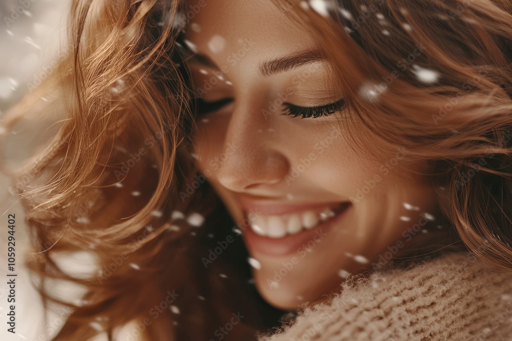 Fototapeta premium Close-up of a woman's smiling face with snowflakes falling around her