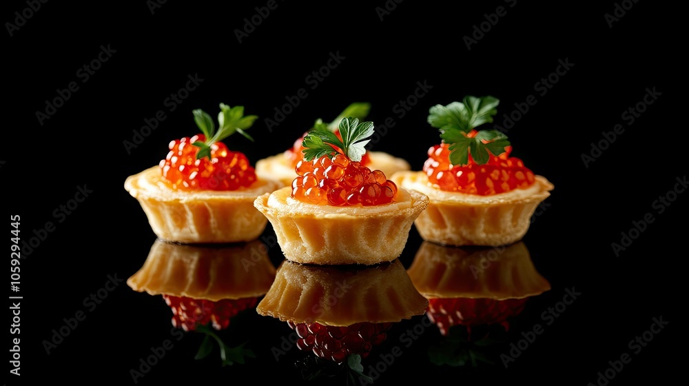 Tartlets with delicate red caviar on a black background, with fresh herbs adding a touch of elegance and vibrant color. Tartlets with delicate red caviar on a black background, with fresh herbs adding a touch of elegance and vibrant color.