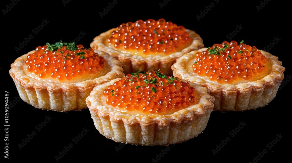 Tartlets with delicate red caviar on a black background, with fresh herbs adding a touch of elegance and vibrant color. Tartlets with delicate red caviar on a black background, with fresh herbs adding a touch of elegance and vibrant color.