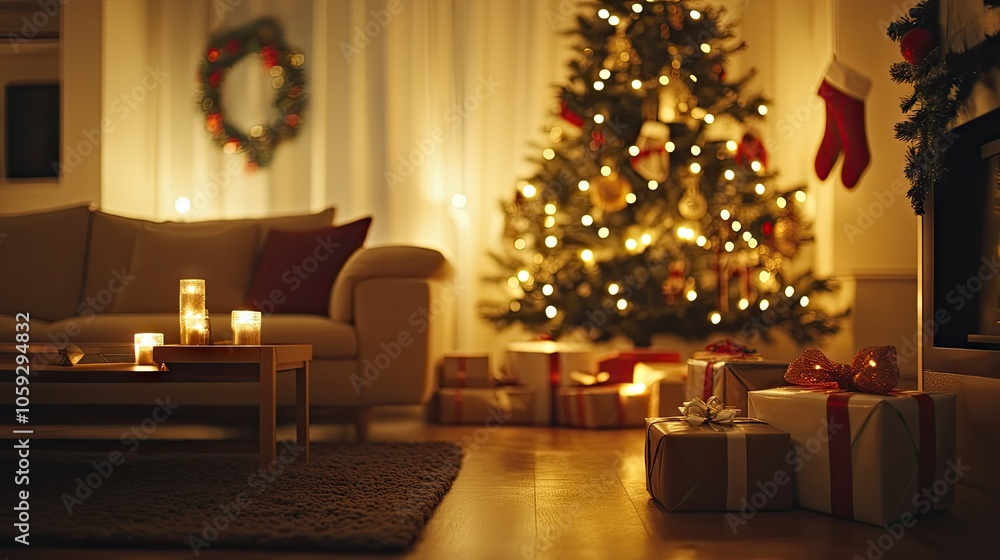 Warmly lit living room with a Christmas tree, glowing lights, wrapped presents, and festive holiday decorations creating a cozy ambiance. Warmly lit living room with a Christmas tree, glowing lights, wrapped presents, and festive holiday decorations creating a cozy ambiance.