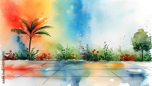 Tropical beach landscape with palm trees, ocean, and sunset