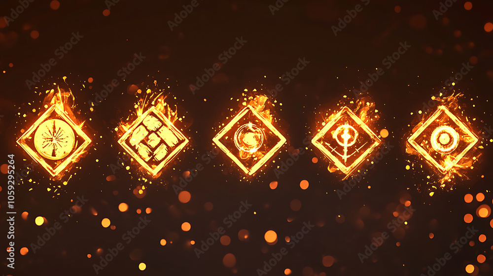 mystical illustration of five glowing squares with fiery effects, showcasing elemental symbols. vibrant colors and dynamic design evoke sense of magic and energy mystical illustration of five glowing squares with fiery effects, showcasing elemental symbols. vibrant colors and dynamic design evoke sense of magic and energy