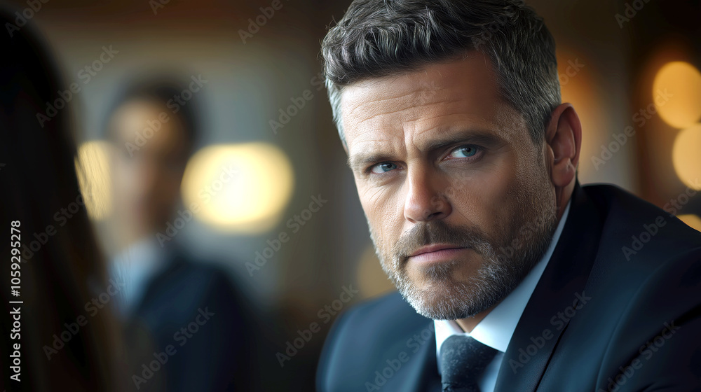 A mature man dressed in a suit, displaying a serious expression A mature man dressed in a suit, displaying a serious expression