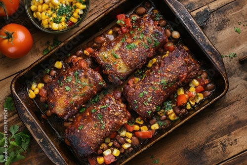 South American fare Classic spicy beef enchiladas with corn beans and tomato placed on a baking tray against a rustic wooden backdrop Empty space above photo