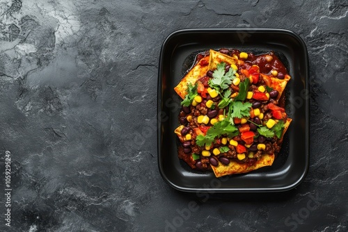 South American cuisine featuring spicy beef enchiladas with corn beans and tomato arranged on a baking tray against a black stone backdrop Bird s eye view photo