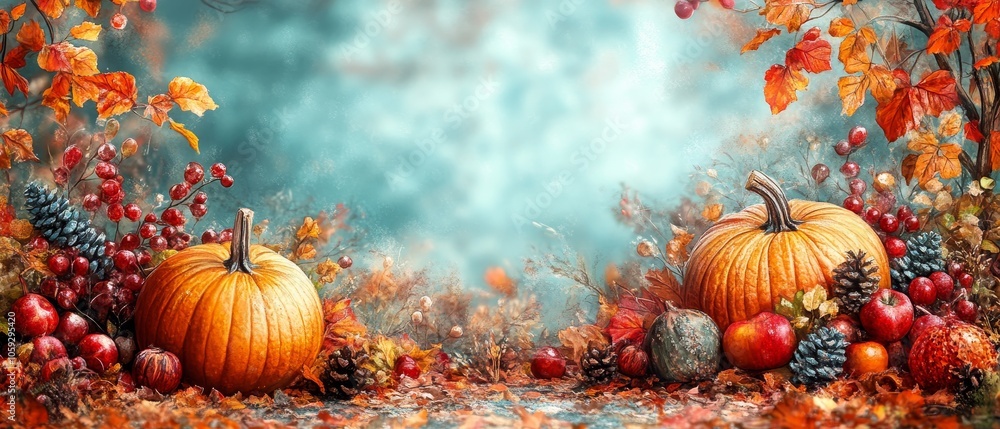 Autumn Harvest with Pumpkins and Fall Leaves Autumn Harvest with Pumpkins and Fall Leaves