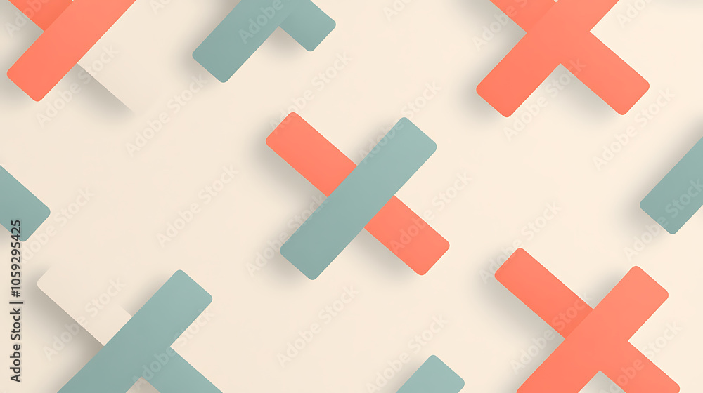 Minimalist illustration of plus and minus symbols in soft colors. design features pattern of overlapping shapes in coral and teal against light background, creating modern aesthetic Minimalist illustration of plus and minus symbols in soft colors. design features pattern of overlapping shapes in coral and teal against light background, creating modern aesthetic