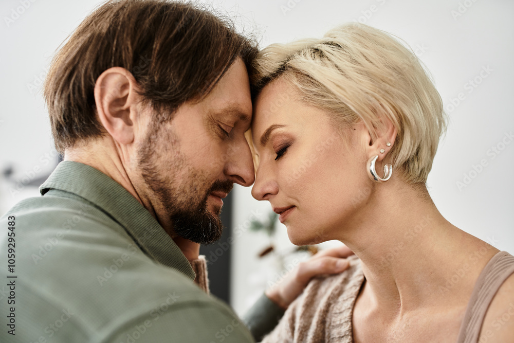 A couple shares a tender exchange, embracing closeness in their cozy living space. A couple shares a tender exchange, embracing closeness in their cozy living space.