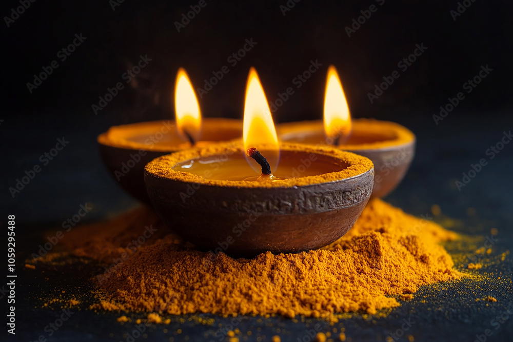 An Indian oil lamp with burning candles, placed with some spices around it,during the Diwali celebration An Indian oil lamp with burning candles, placed with some spices around it,during the Diwali celebration