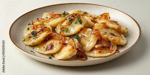 Pierogi on a Plate with Potato and Cheese Topped with Caramelized Onions