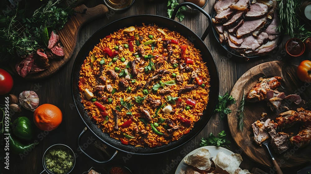 Paella in a Large Pan Filled with Saffron Rice, Vegetables, and Meats Paella in a Large Pan Filled with Saffron Rice, Vegetables, and Meats
