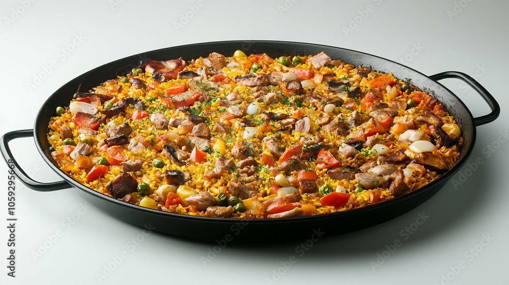 Paella in a Large Pan Filled with Saffron Rice, Vegetables, and Meats Paella in a Large Pan Filled with Saffron Rice, Vegetables, and Meats