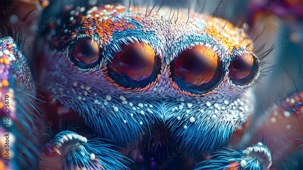 Fototapeta premium A spider's compound eyes captured under a biological microscope, revealing intricate geometric facets and vibrant colors in high resolution.