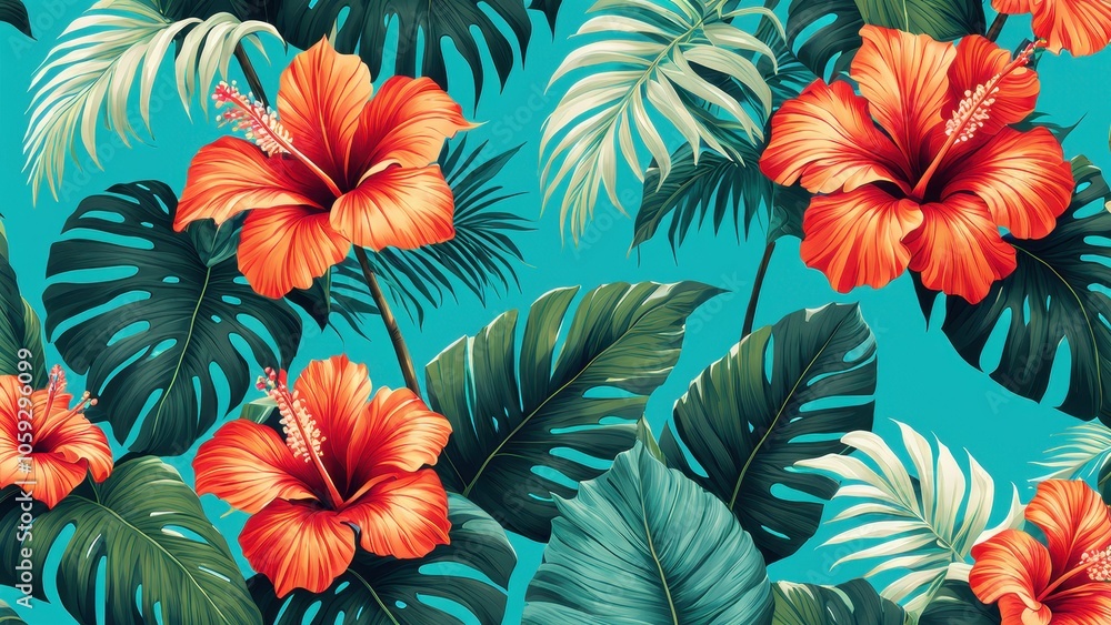 Naklejka premium Vibrant tropical floral pattern featuring hibiscus and palm leaves against a teal background.