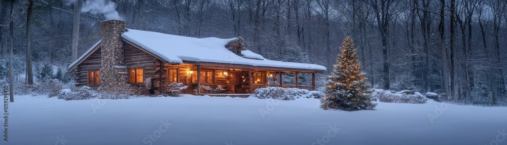 A cozy cabin nestled in snow, surrounded by winter trees, exuding warmth and holiday spirit.