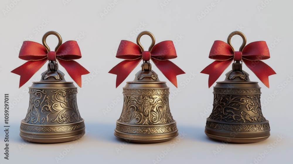 3D Christmas bells adorned with bows, displayed on a white background for a festive touch. 3D Christmas bells adorned with bows, displayed on a white background for a festive touch.