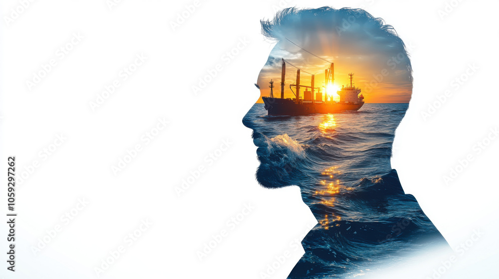Silhouette of man with sunset ship scene, logistic and transportation. Double Exposure concept. Silhouette of man with sunset ship scene, logistic and transportation. Double Exposure concept.