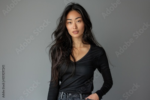 Confident Asian woman poses in studio with perfect body.