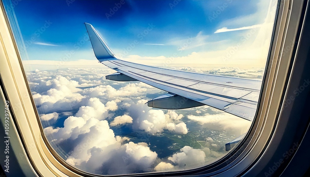 Watercolor of an airplane wing cutting through the clouds seen from the window seat window Watercolor of an airplane wing cutting through the clouds seen from the window seat window