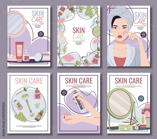 Skin care flyer design set. Poster with cosmetic products, face mask, gua sha, serum. Facial skin care, skin moisturizing. Banner for beauty salon, spa, etc