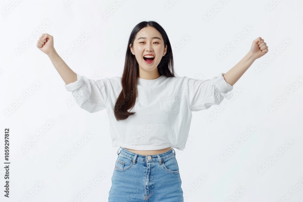 Asian woman celebrates victory with enthusiastic gestures over white background. Asian woman celebrates victory with enthusiastic gestures over white background.