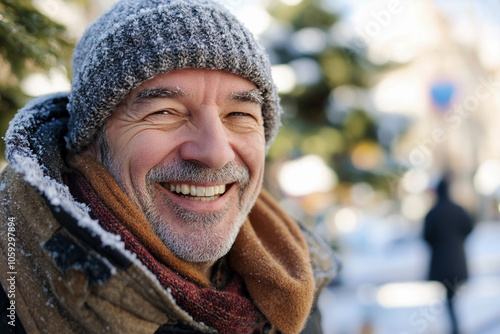 A cheerful elderly man smiles during winter in a snowy city