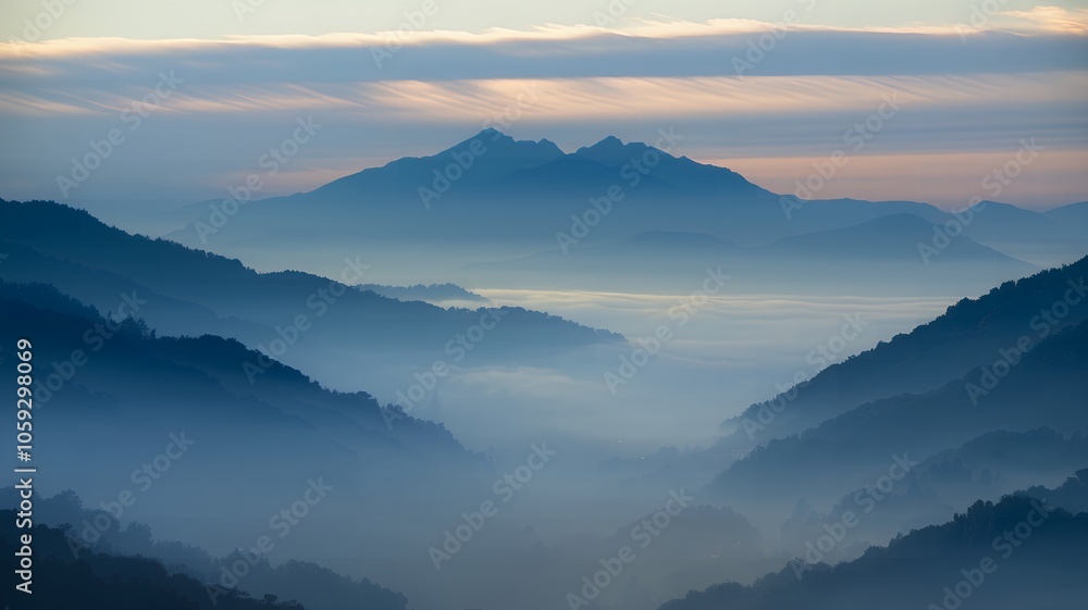 Naklejka premium Morning Calm Misty Mountains, Lush Greenery, and a Soft Sunrise Glow
