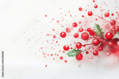 Watercolor abstract Christmas background featuring red berries and green leaves, creating festive and cheerful atmosphere perfect for holiday designs