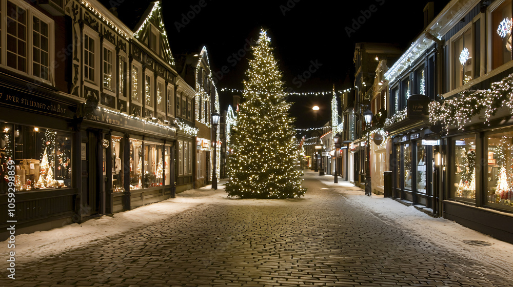 Fototapeta premium Vibrant colorful string lights brighten up a festive street during the holiday season creating a magical atmosphere for all to enjoy