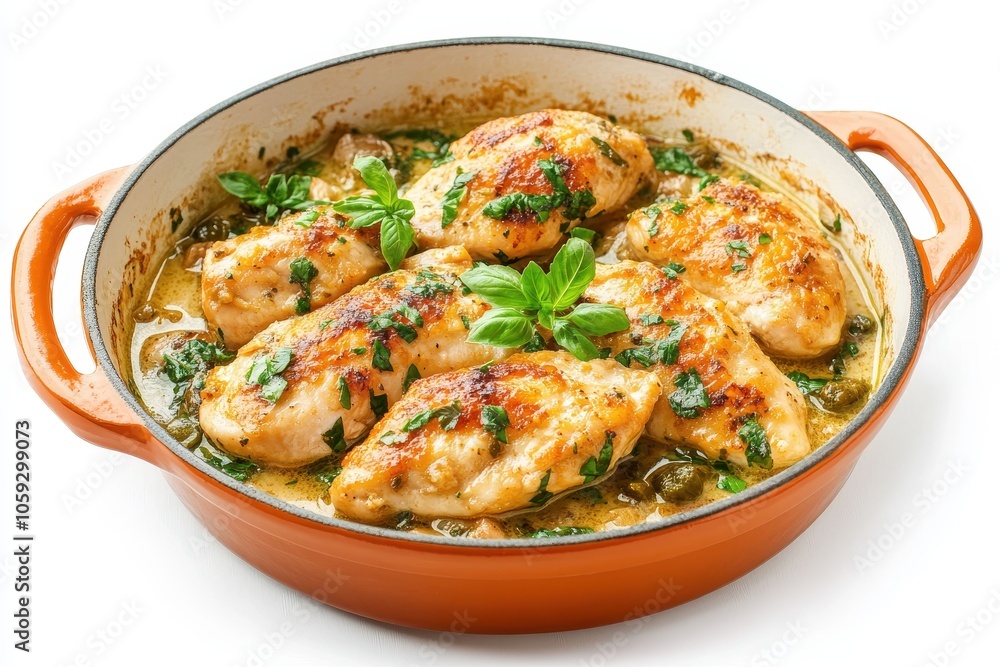 Tasty chicken piccata in a pot against a white background Tasty chicken piccata in a pot against a white background