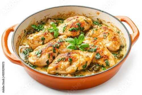 Tasty chicken piccata in a pot against a white background photo