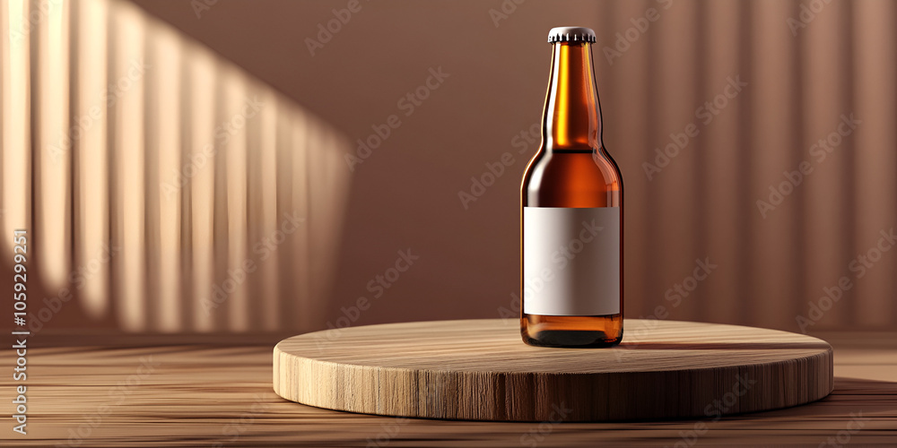 Minimalistic Beer Bottle on Wooden Table with Sunlight Minimalistic Beer Bottle on Wooden Table with Sunlight
