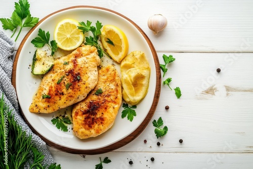 Tasty chicken piccata on a light wooden surface