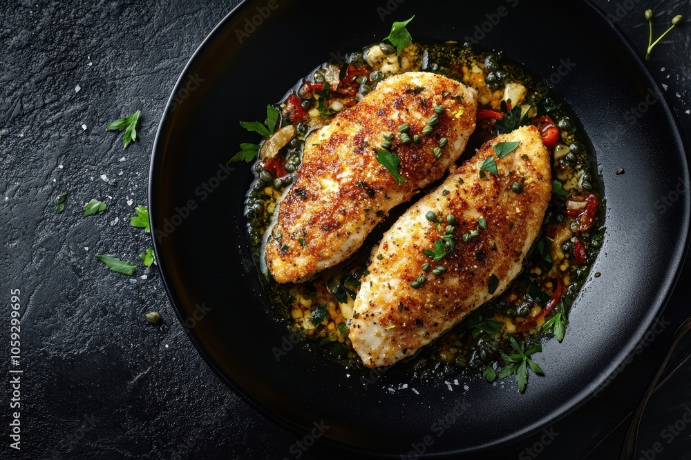 Tasty chicken piccata with lemon caper sauce on a black plate viewed from above Tasty chicken piccata with lemon caper sauce on a black plate viewed from above