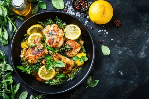 Wallpaper Mural Tasty chicken piccata with herbs and lemons on dark table Torontodigital.ca