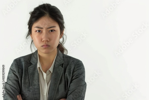 Asian woman in office looking sad and upset.