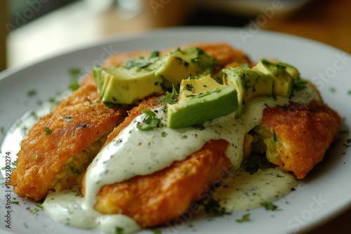 Tasty enmoladas topped with avocado and cream