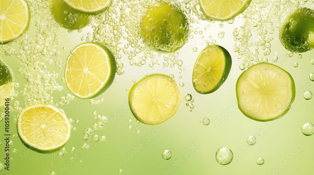 Bubbly Citrus Medley: Bright Lemon and Lime Slices Floating in Sparkling Water Against a Fresh Green Background Bubbly Citrus Medley: Bright Lemon and Lime Slices Floating in Sparkling Water Against a Fresh Green Background