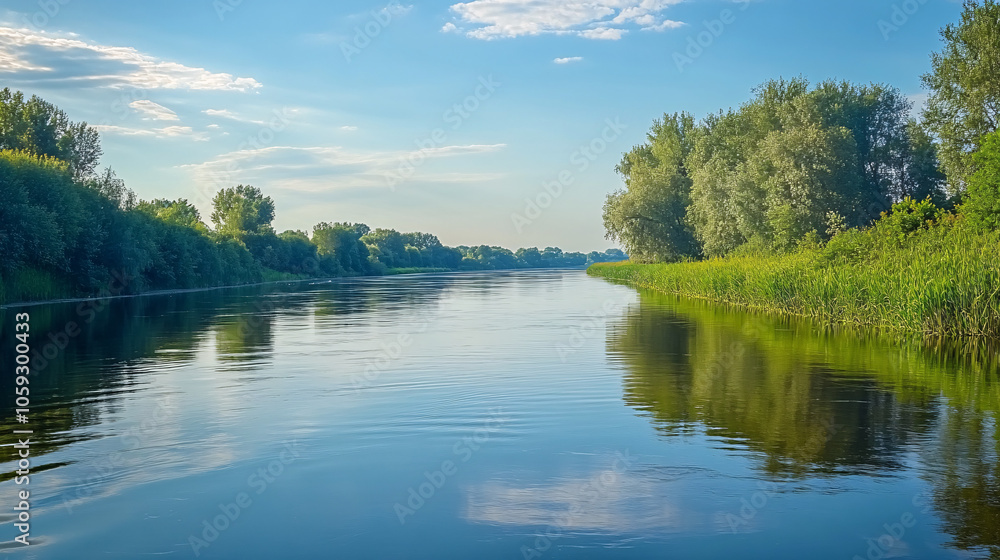 serene river landscape with lush green foliage and blue sky serene river landscape with lush green foliage and blue sky