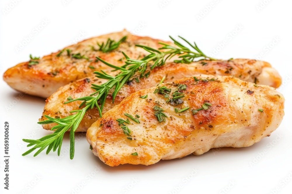 Tasty herb infused chicken piccata on white background Tasty herb infused chicken piccata on white background