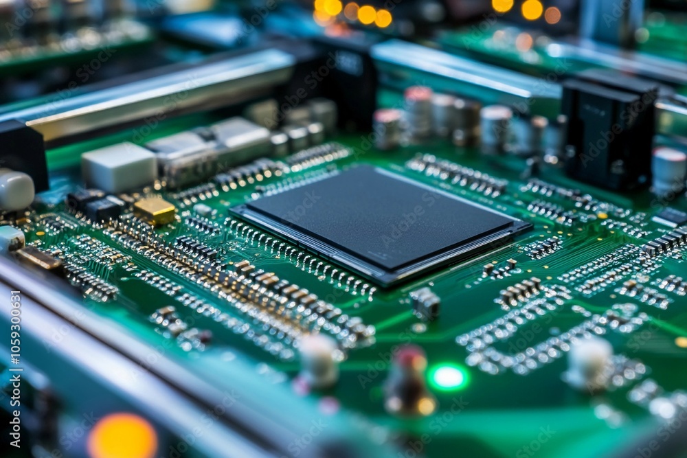 Exploring the intricate details of modern circuit boards in a high-tech environment. Generative AI