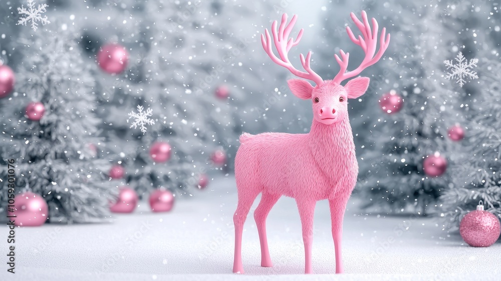 A whimsical pink reindeer stands amidst a snowy landscape with decorated evergreen trees and falling snowflakes, creating a festive atmosphere. A whimsical pink reindeer stands amidst a snowy landscape with decorated evergreen trees and falling snowflakes, creating a festive atmosphere.