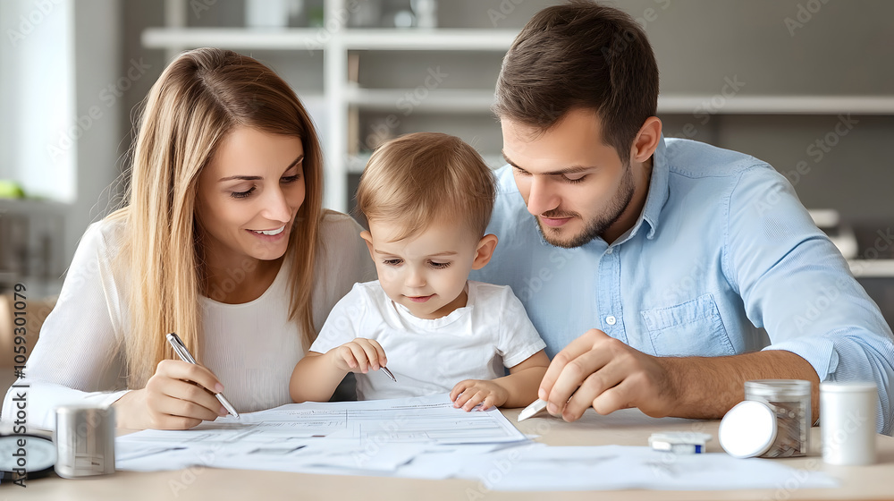 Family reviewing loan documents with child, focused and engaged together Family reviewing loan documents with child, focused and engaged together
