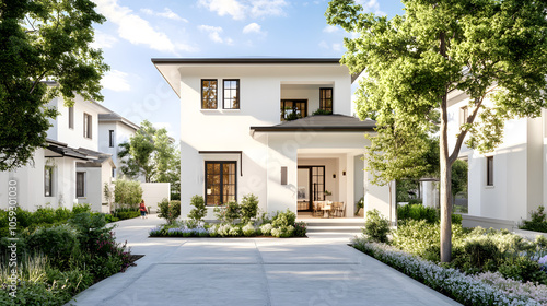 Modern house with landscaped garden and clear blue sky  exuding tranquility