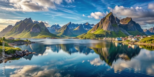 Untouched beauty of the Lofoten Islands in Norway with mountain peaks and serene waters, Lofoten Islands, Norway