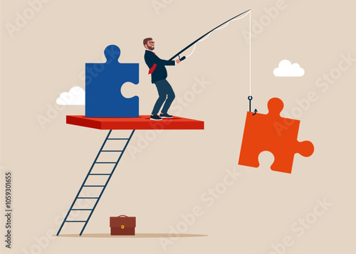 Businessman catching jigsaw puzzle on fishing rod. Teamwork metaphor. Symbol of working together, cooperation, partnership. Flat vector illustration