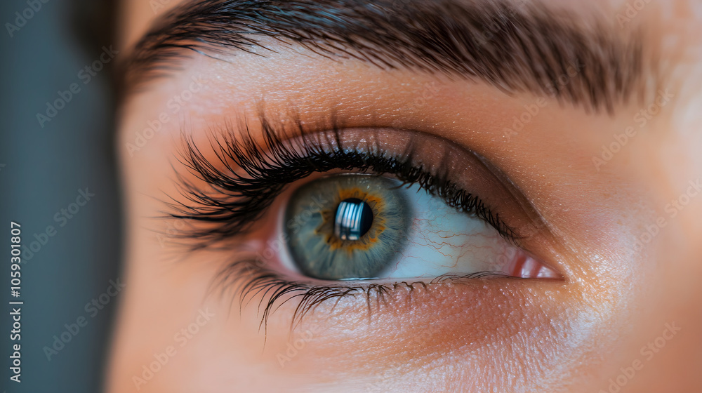 Close up of woman eye showcasing long eyelashes and vibrant iris Close up of woman eye showcasing long eyelashes and vibrant iris