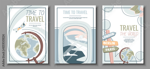 Set of tourist flyers. Posters with globe, map, porthole with a view of the wing of an airplane in the clouds. Travel around the world, summer vacation. Banners for travel agency.