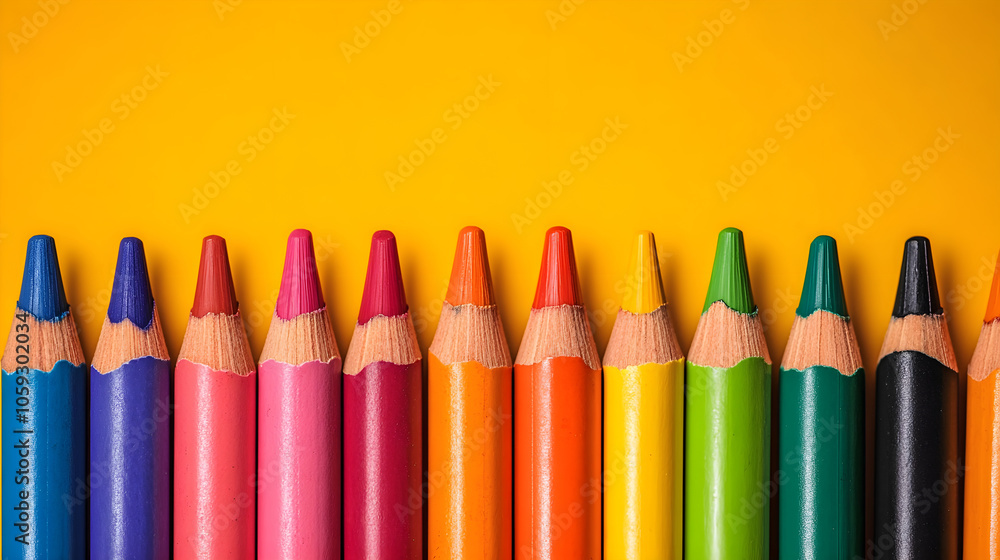 Colorful crayons arranged in row on bright yellow background Colorful crayons arranged in row on bright yellow background