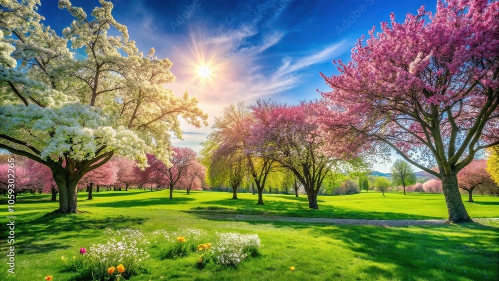 Beautiful spring scenery in the park with blooming flowers, green grass, and clear blue skies, spring, park, flowers Beautiful spring scenery in the park with blooming flowers, green grass, and clear blue skies, spring, park, flowers